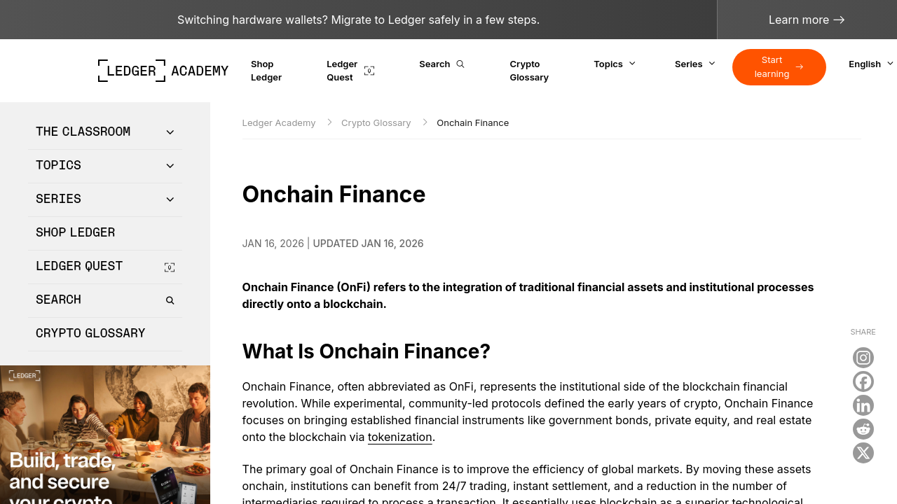 Ledger Academy glossary page defining onchain finance for financial professionals.