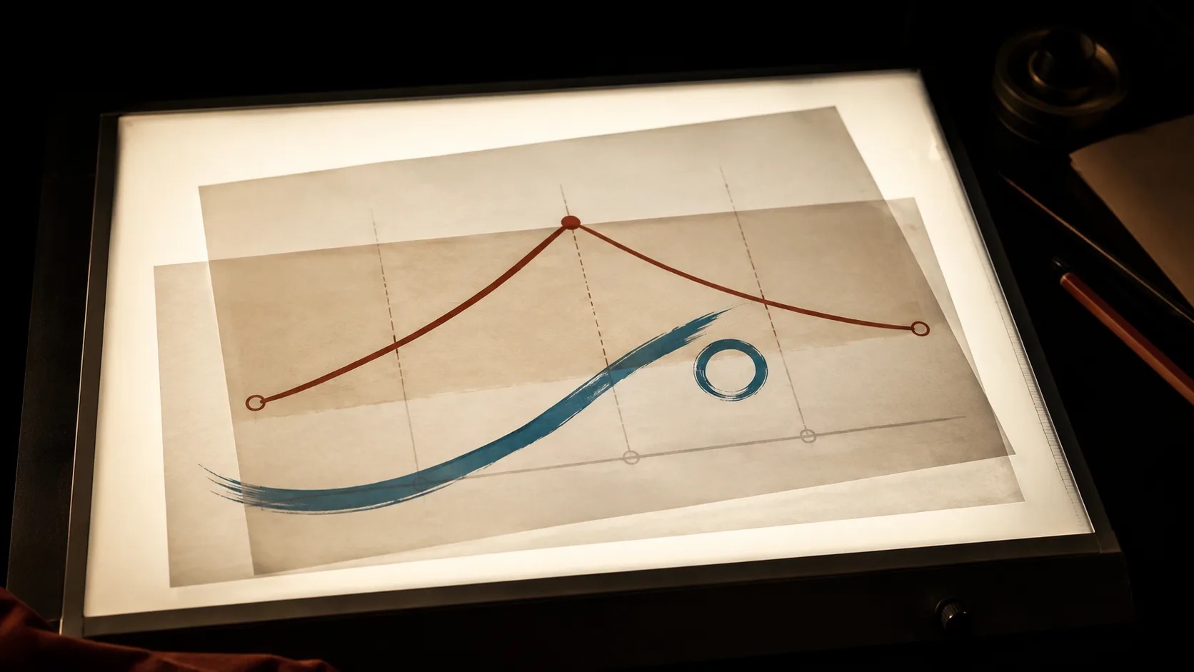 Two transparent overlays on a lightbox showing the external three-act structure and internal character arc working in parallel, illustrating how structure and character transformation interact.