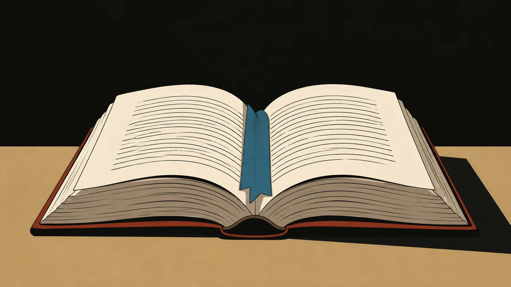 An open book on a table with a bookmark, representing the core elements and turning points within narrative structure.