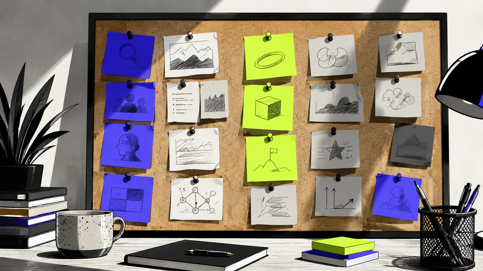 Launch consultant organizing research and positioning insights on a corkboard during strategic planning phase