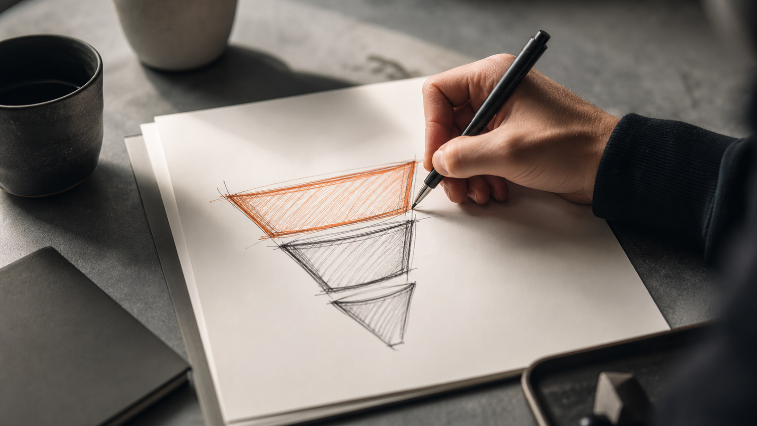 Someone sketching out the three universal funnel stages (awareness, nurture, decision) on a notepad to understand buyer progression.