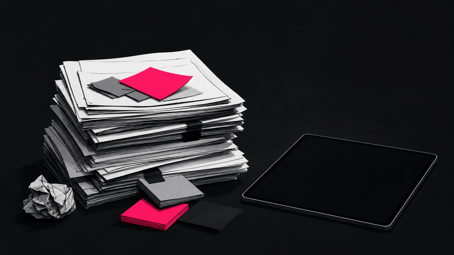 Stack of manual process papers beside a digital tablet on a desk, representing the audit of current workflows before implementing AI automation