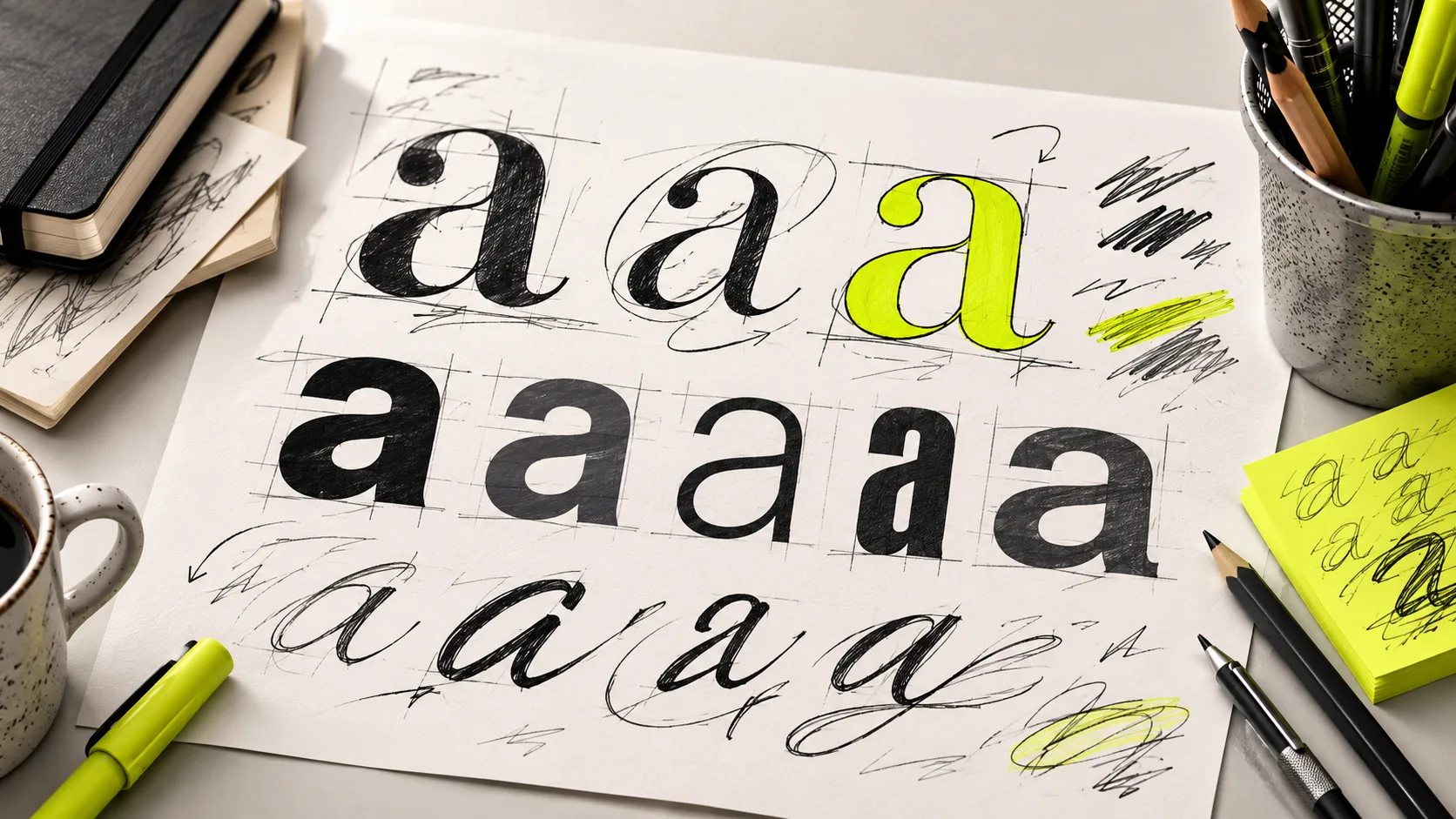Printed samples of thin serifs, bold sans-serifs, and script typefaces annotated with design notes, showing how typography conveys brand tone in restaurant logos.