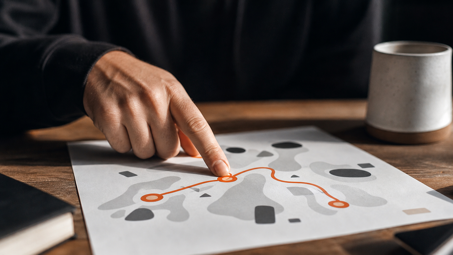 A hand tracing the discovery-to-conversion path, illustrating the four-link chain of web traffic generation.