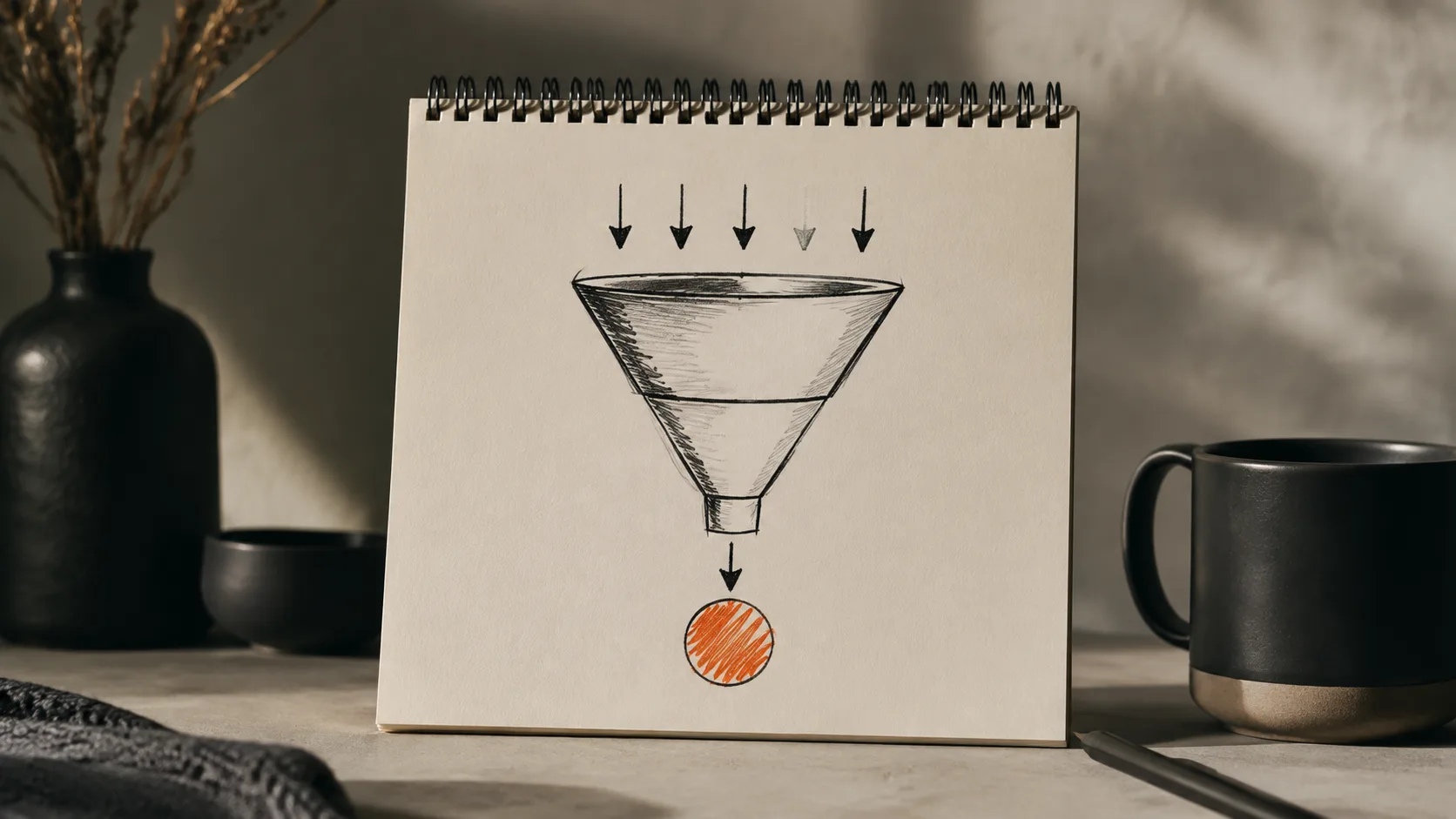 A hand-drawn illustration of a sales funnel showing how traffic converts to email list and then to affiliate commissions.