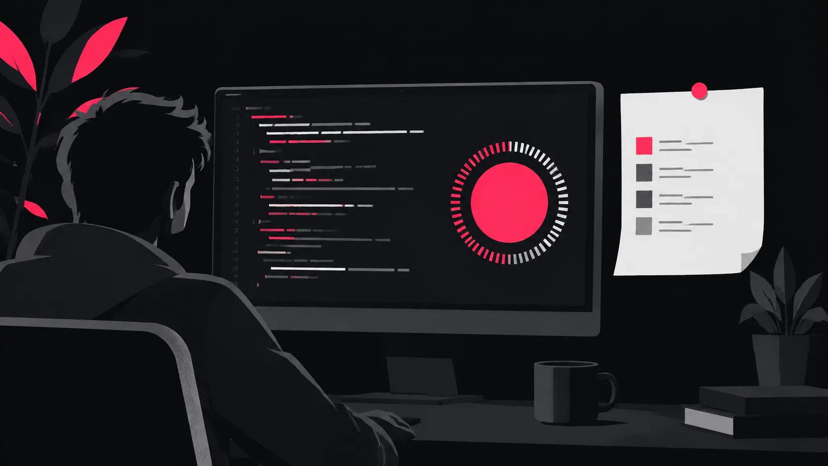 A developer's workspace with a monitor displaying technical SEO audit findings and fixes for cryptocurrency exchange infrastructure.