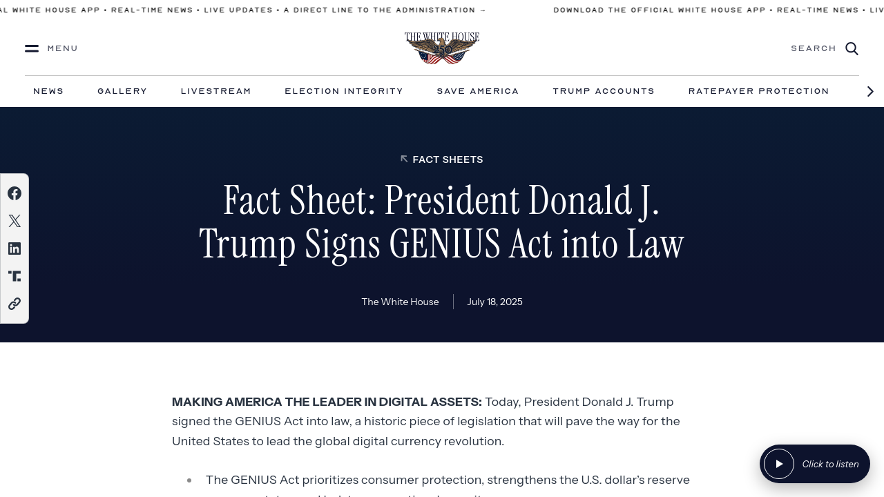 White House fact sheet for the GENIUS Act of 2025, detailing the stablecoin legislation and policy framework.