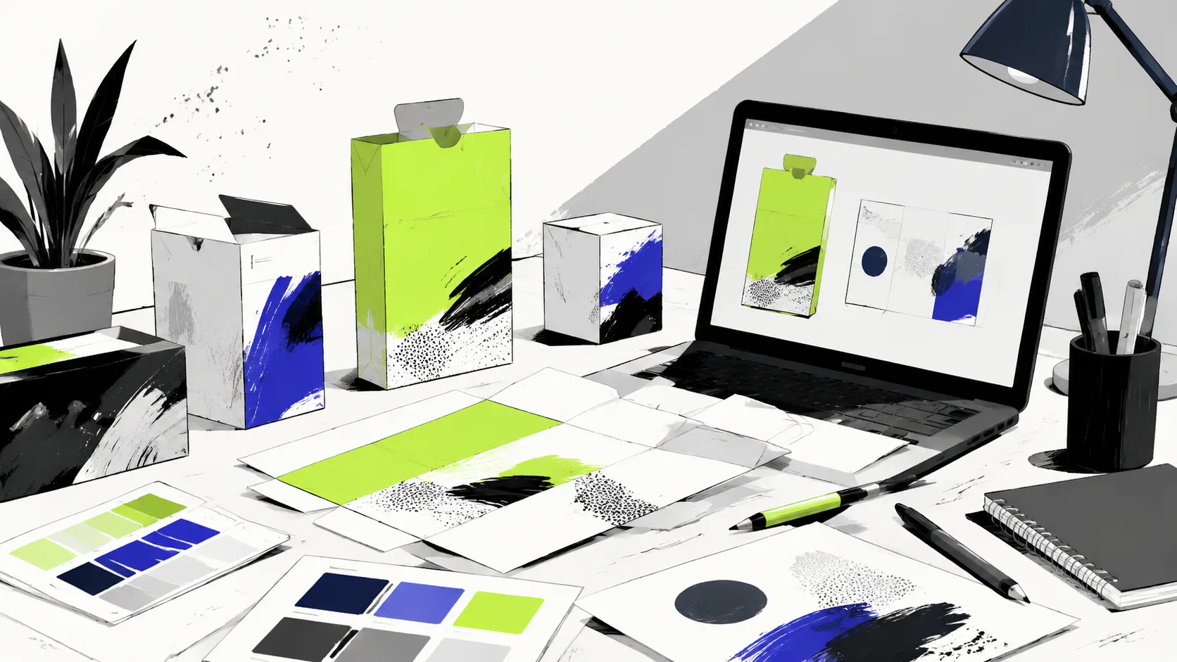 Designer's workspace during CPG packaging development, showing mockups, color samples, and strategy notes before final production.