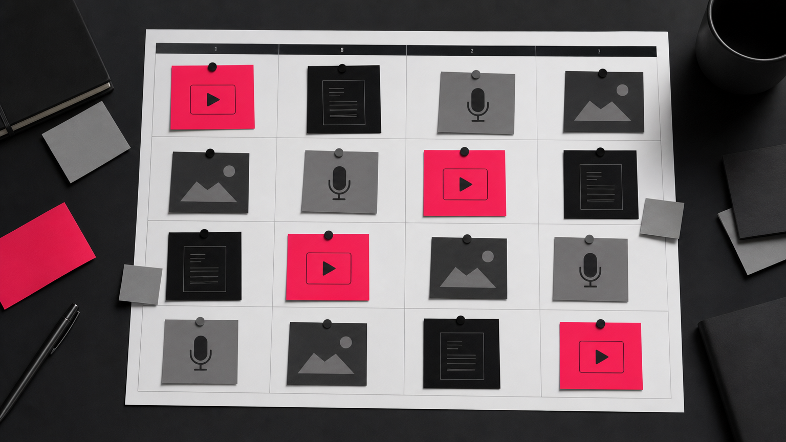 Content calendar layout organized by format types—articles, videos, podcasts, infographics—on a work desk.