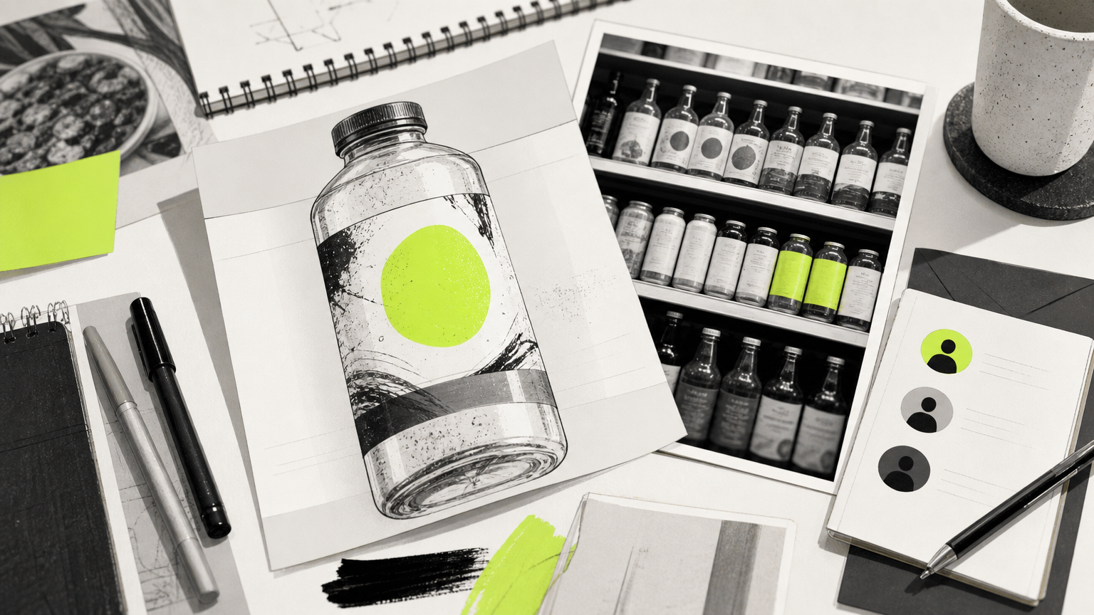 Food and beverage marketing agency workspace showing retail dynamics, labeling, and product strategy materials