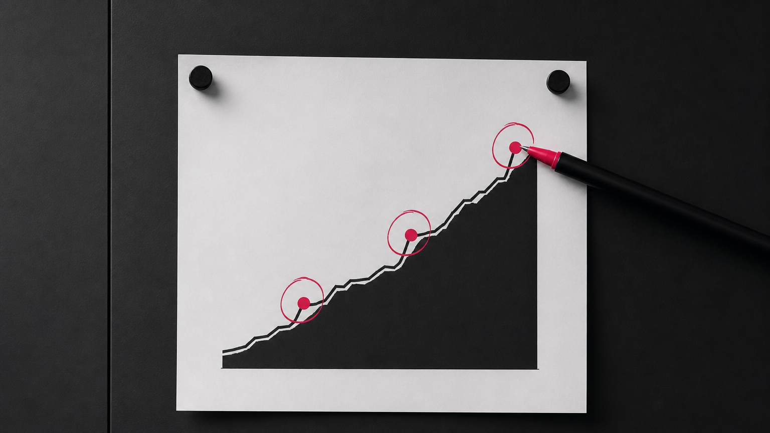 A pen marking key business outcomes on a printed growth chart showing ROI improvement and campaign efficiency gains