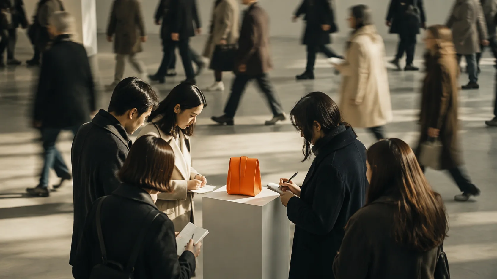 A small group of highly engaged customers examining a product closely, contrasting with a large disinterested crowd, illustrating how targeted audiences convert better than broad traffic.