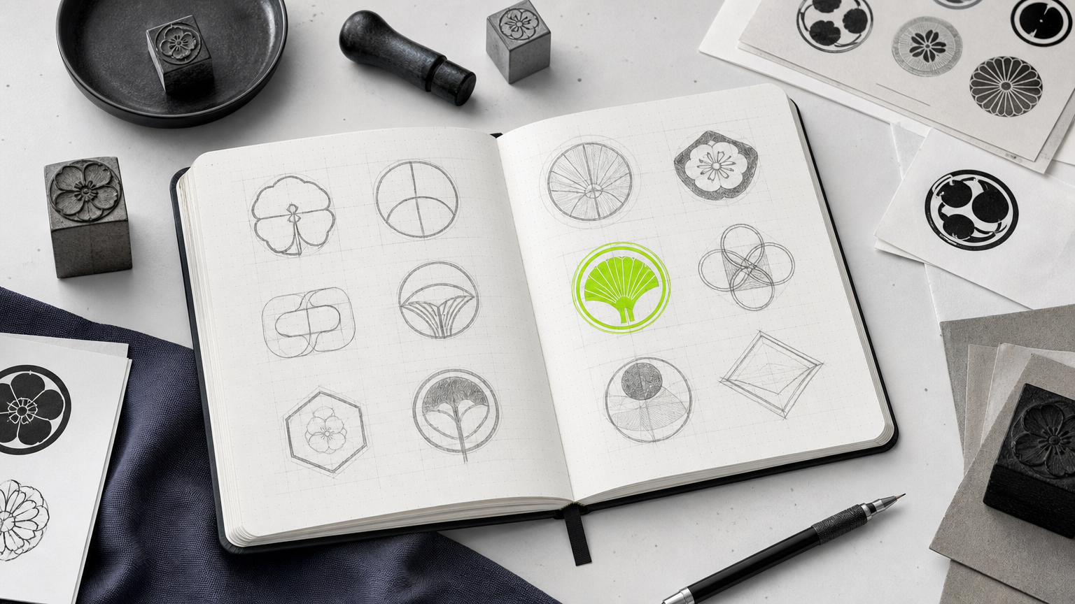 Japanese restaurant brand strategy and design process, showing sketching and conceptual development of visual identity marks.