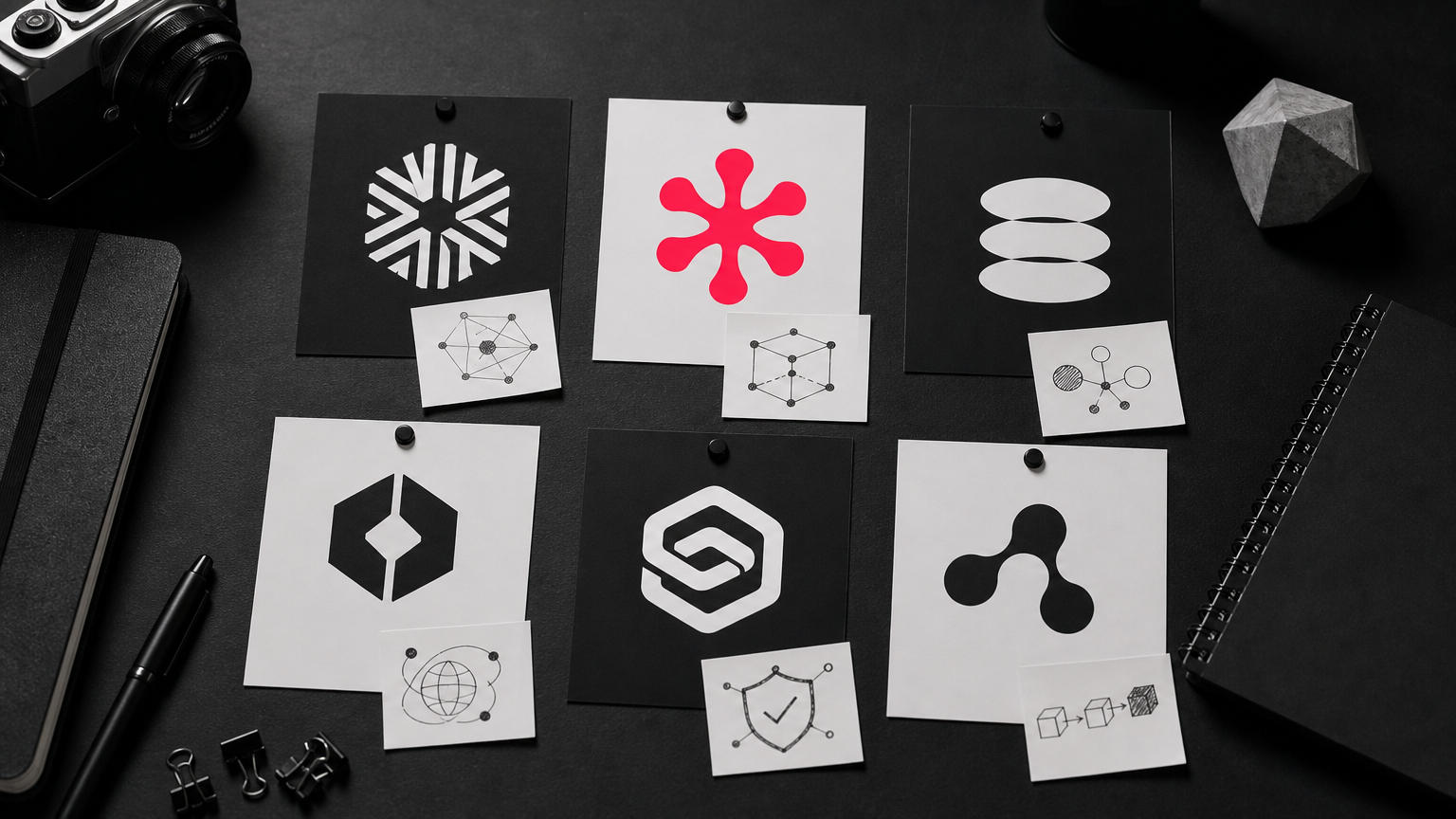Six LLM SEO tool logos laid out on a workspace with annotated notes about Web3 brand applications.