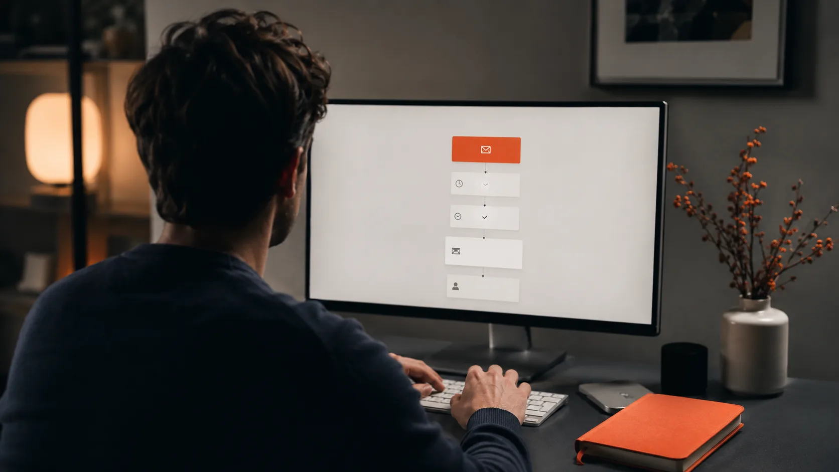 A person working on email automation setup in an ESP platform, building out an email funnel sequence step by step.