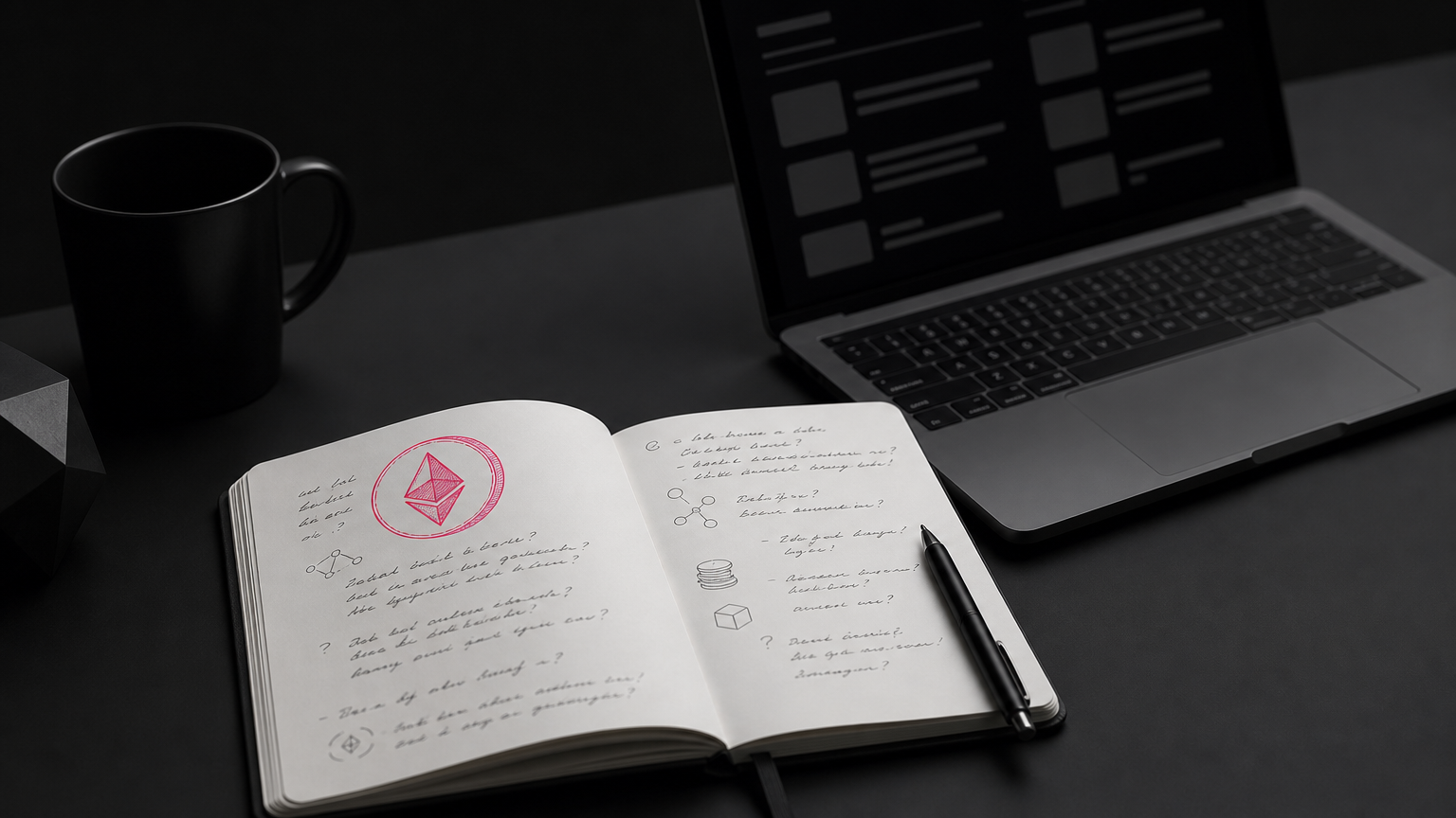 A notepad filled with crypto-specific SEO search terms and protocol mechanics for Web3 brand research.