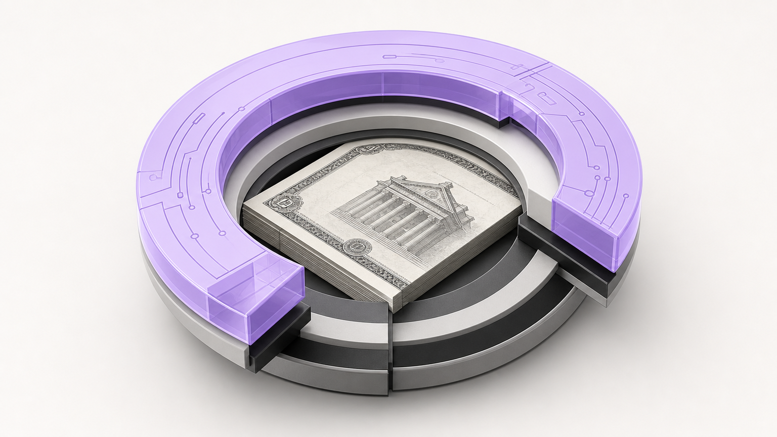 Illustration showing layers connecting a physical Treasury bill to its digital token representation on blockchain.