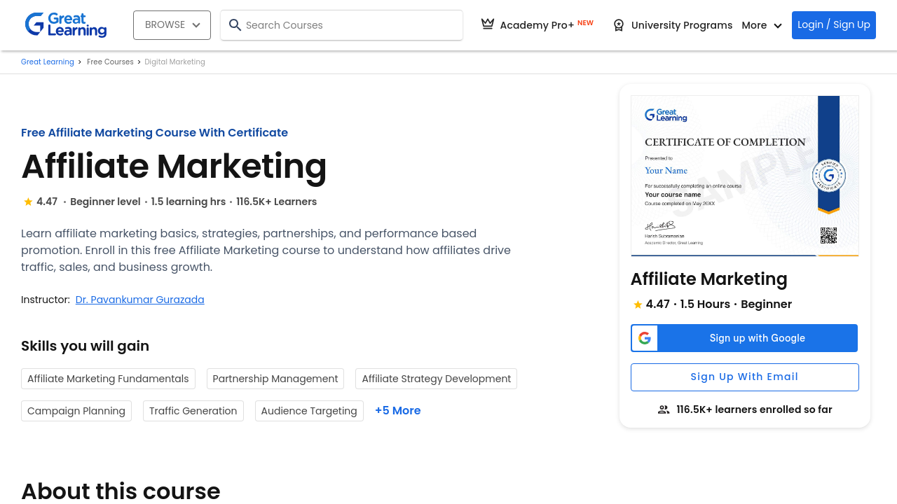 Great Learning Free Affiliate Marketing Course homepage screenshot