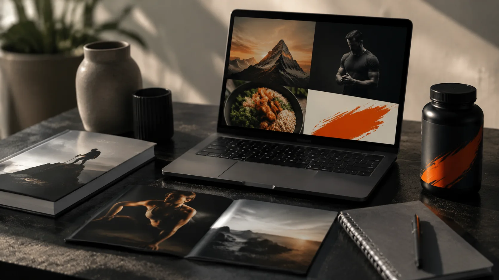 Content creator's workspace showing various niche products (digital courses, books, supplements) paired with a laptop for platform selection