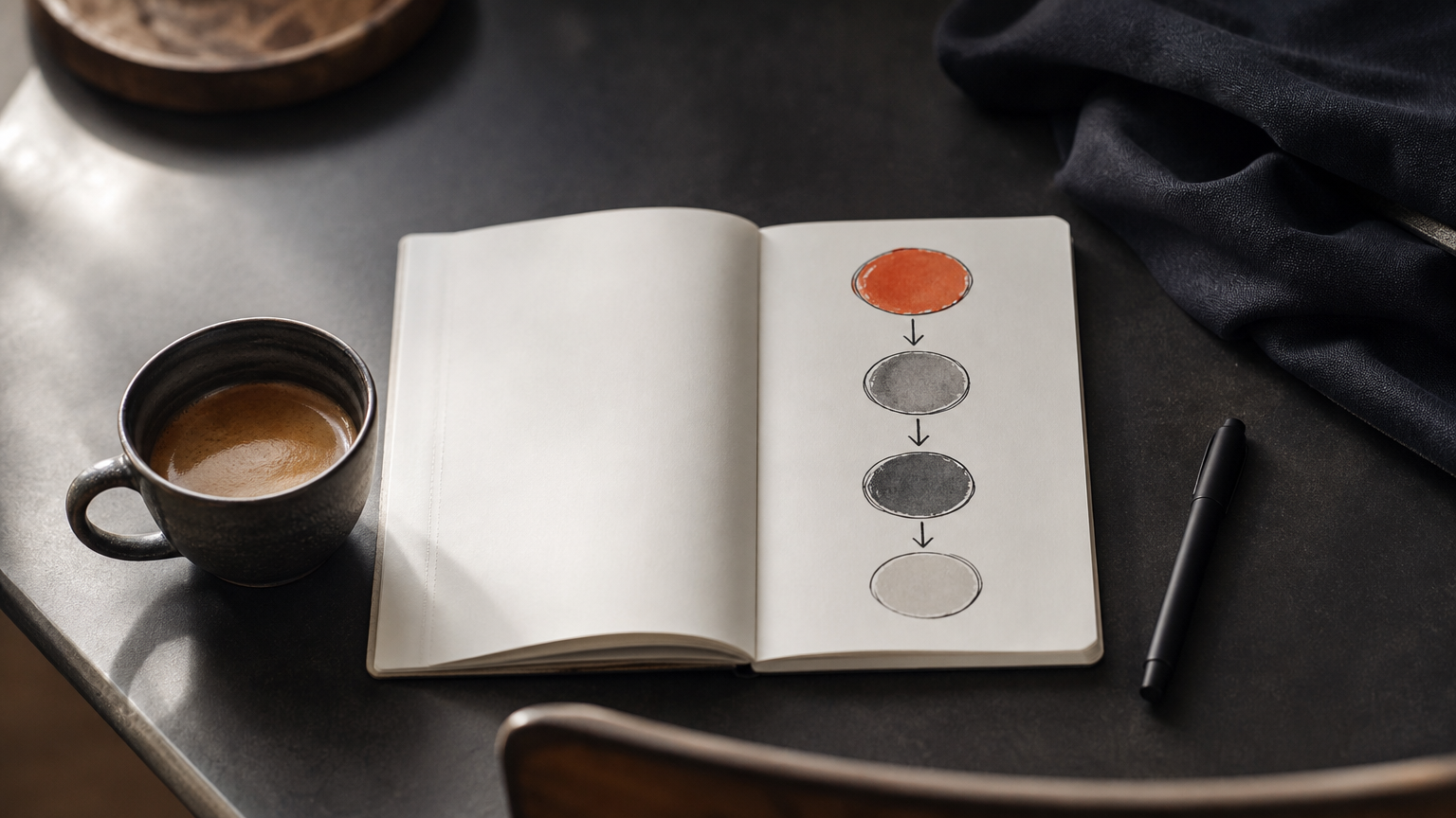 A notebook showing the four stages of an affiliate marketing funnel, handwritten with connecting arrows.