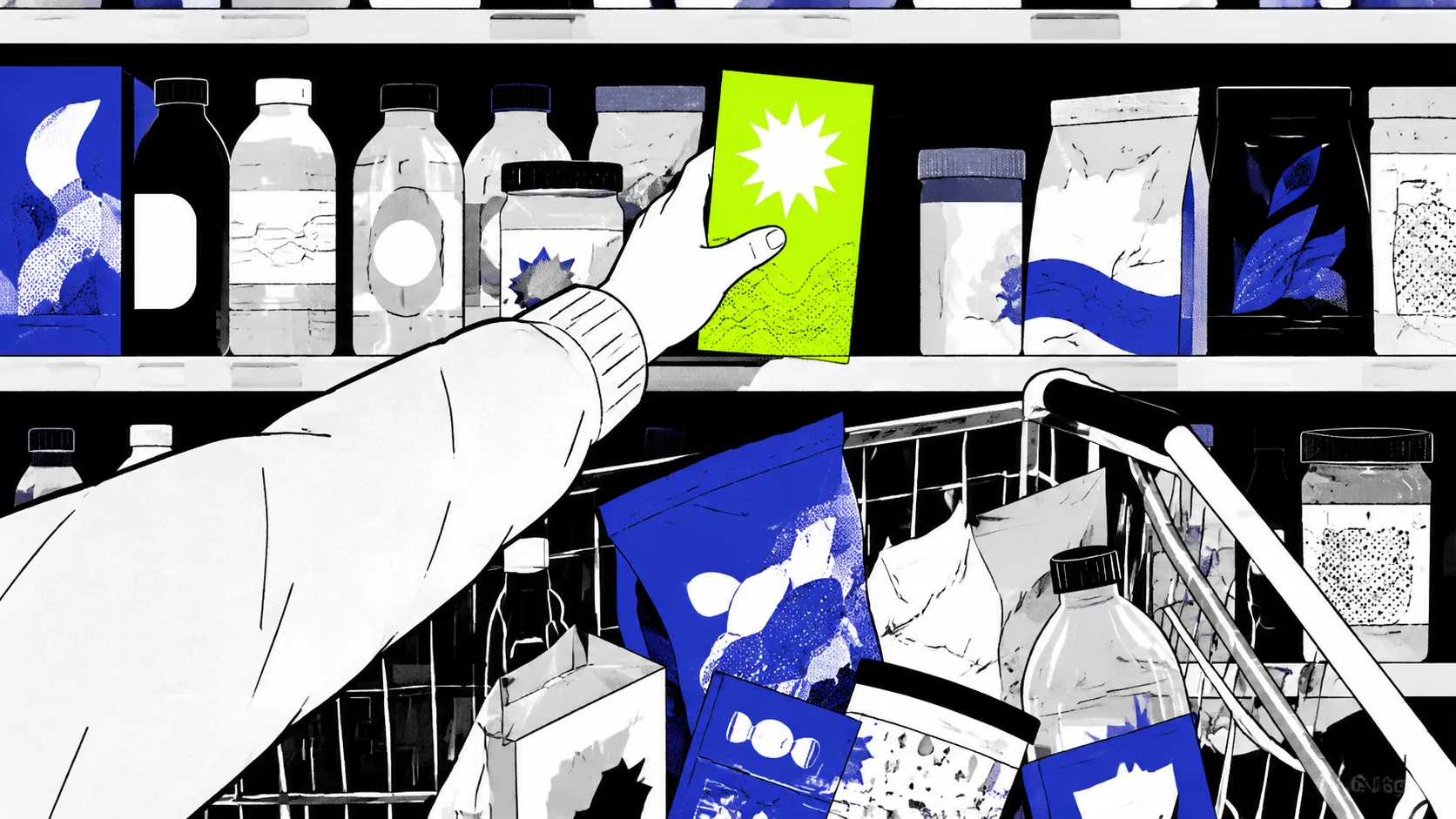 Shopper's hand selecting a CPG product from a retail shelf, illustrating the moment packaging must communicate and drive purchase intent.