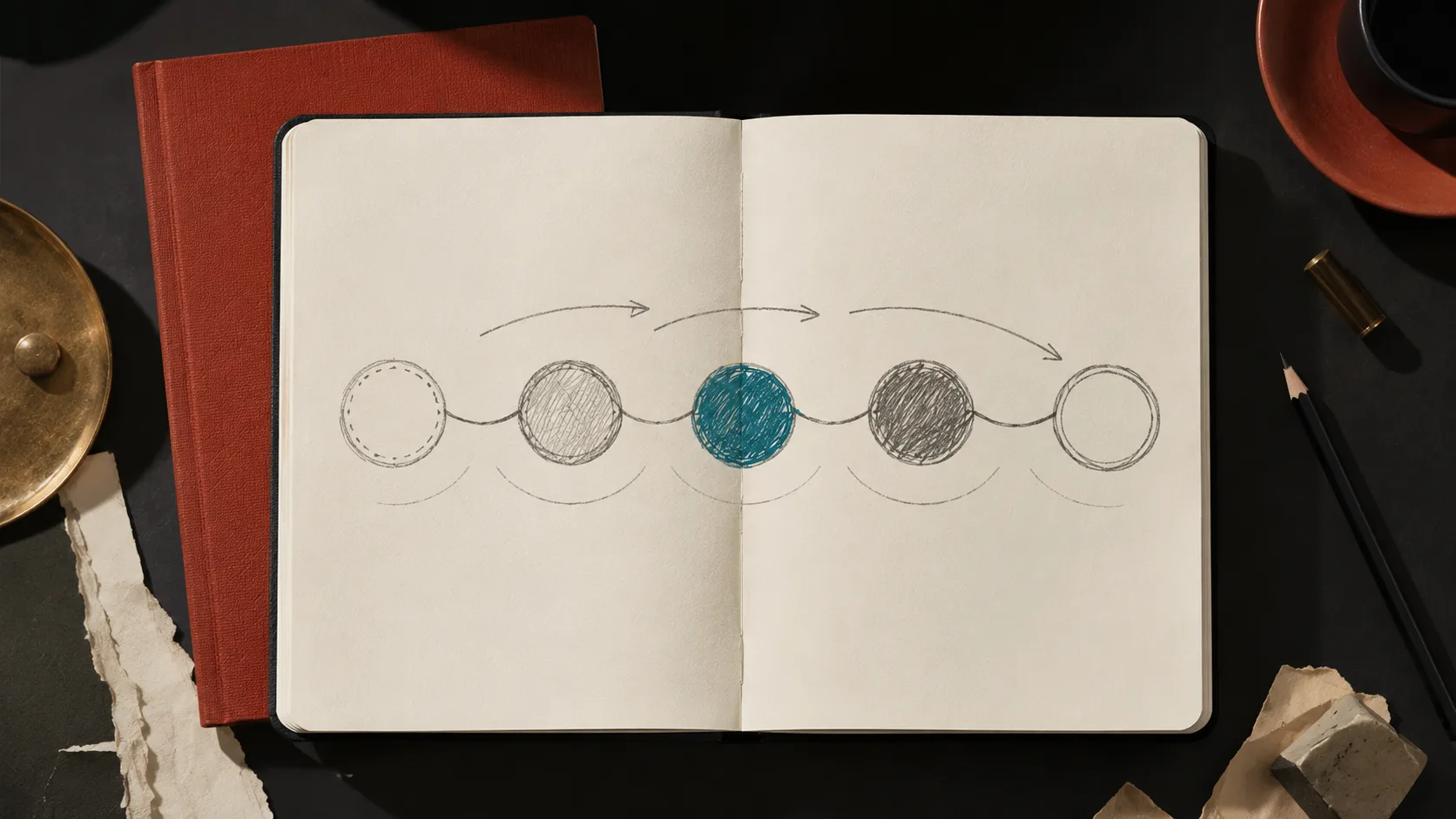 A writer's notebook sketch of the five-stage meta-plot arc underlying all seven story shapes, illustrating psychological narrative structure.