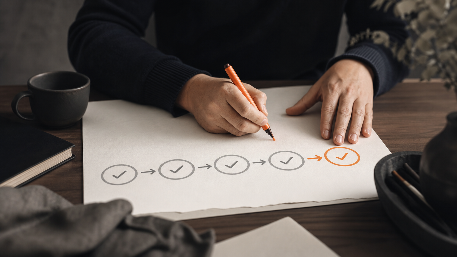 A creator's hands marking sequential steps on a printed build plan for passive income, showing the methodical approach needed.