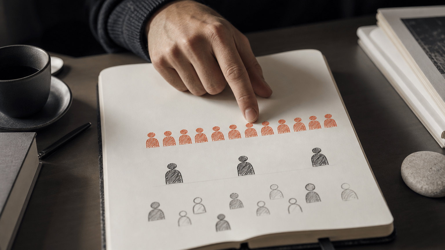 Hand examining sketched visitor profiles on paper, illustrating how different traffic sources deliver varying quality and intent rather than just volume.