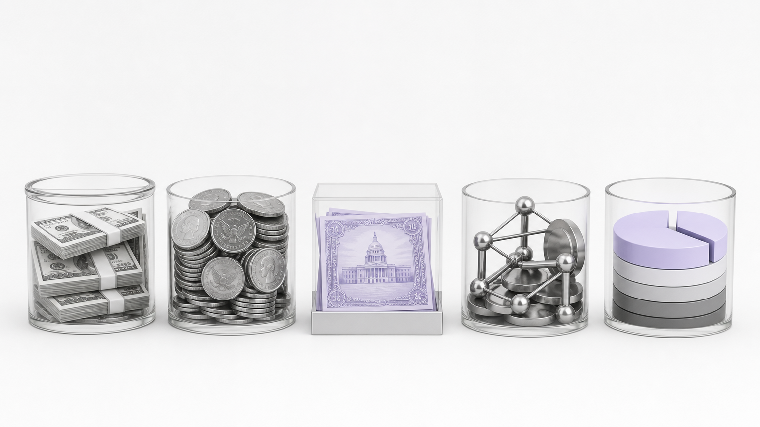 Illustration showing five approved reserve asset types required under the GENIUS Act: U.S. dollars, insured deposits, short-term Treasuries, overnight repos, and money market funds.