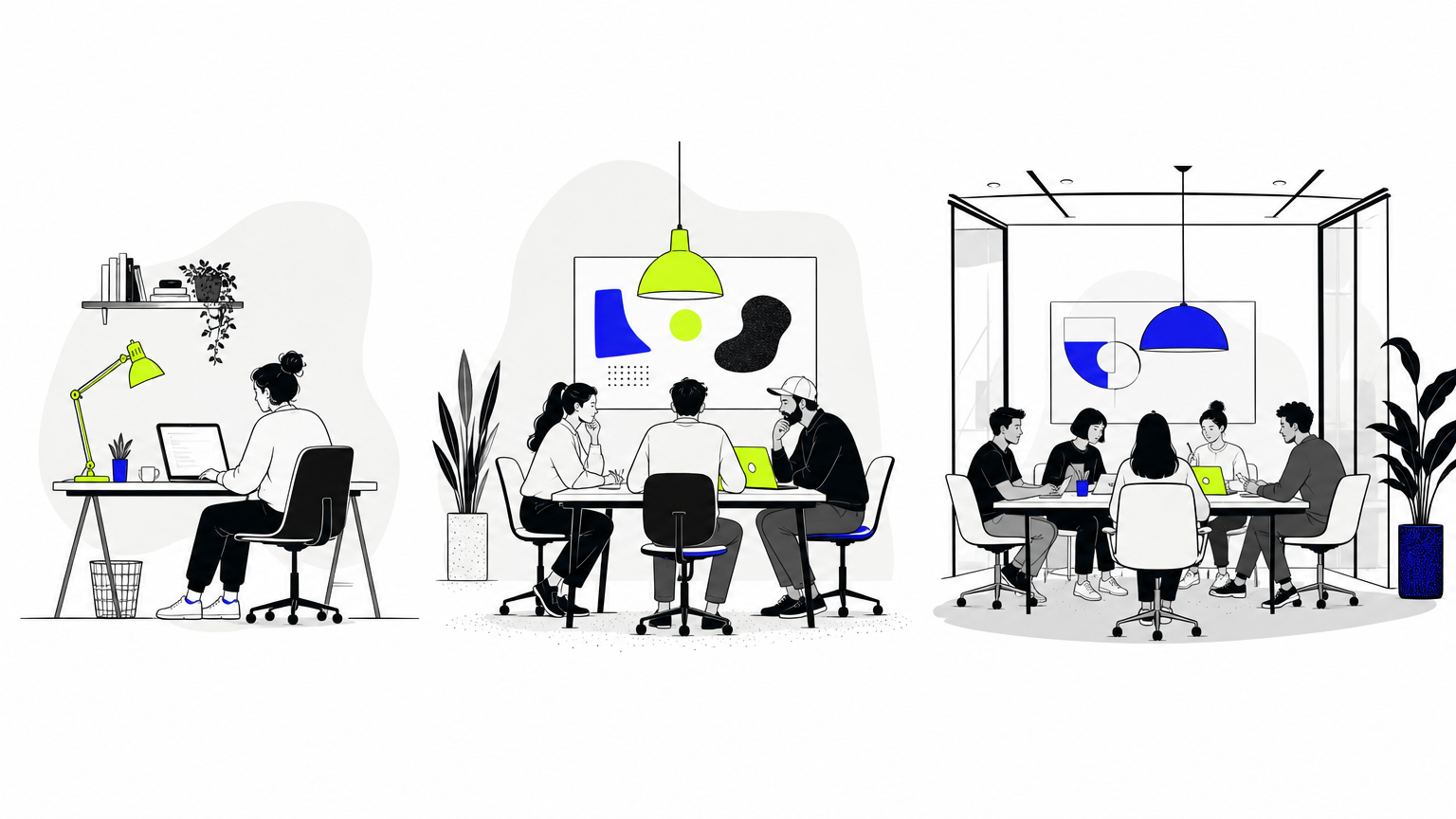 Comparative view of different agency work environments showing solo freelancer, small team, and larger agency studio spaces