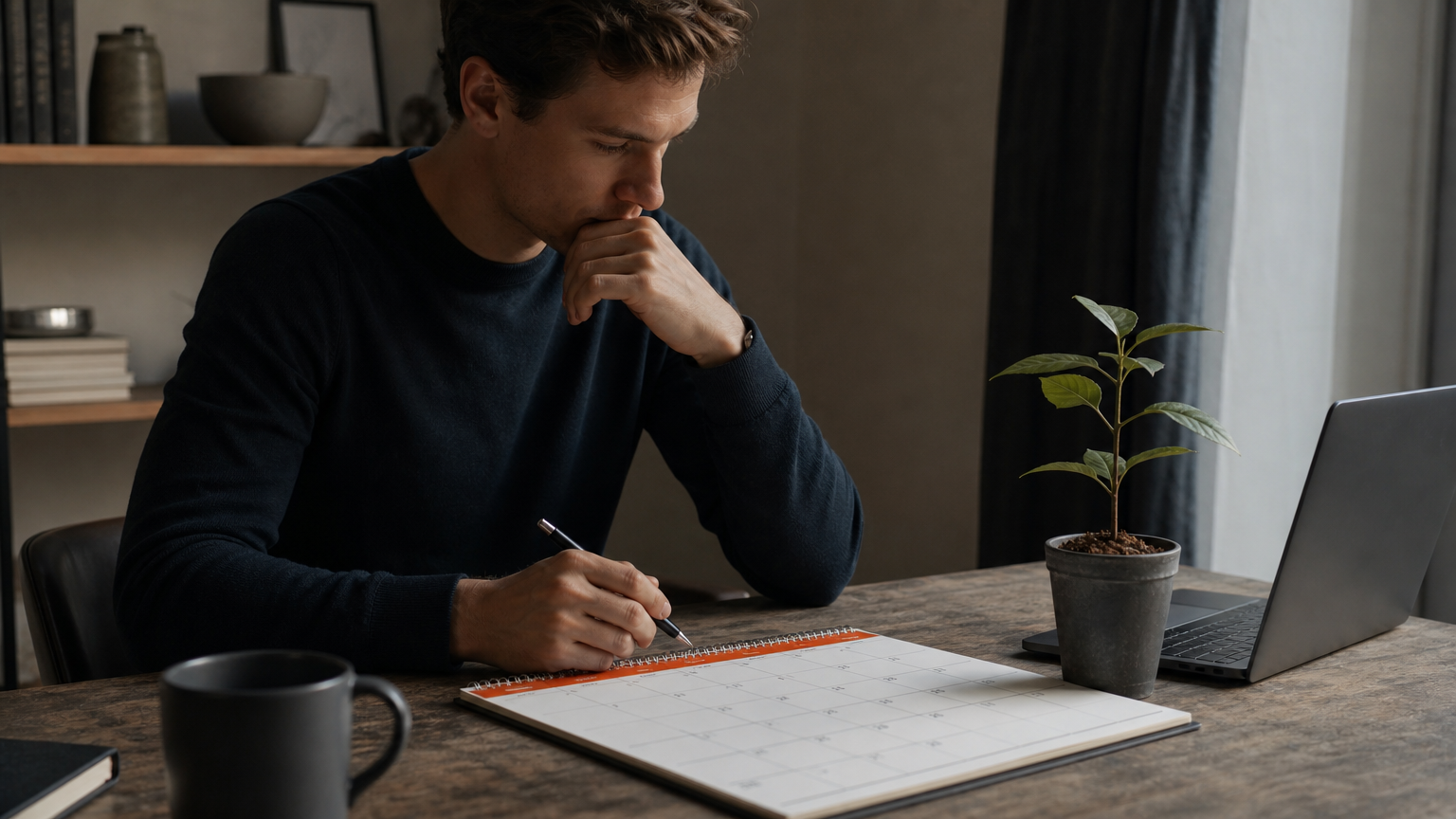 A beginner's workspace showing a calendar marking the 3-to-12 month timeline needed for passive income growth.