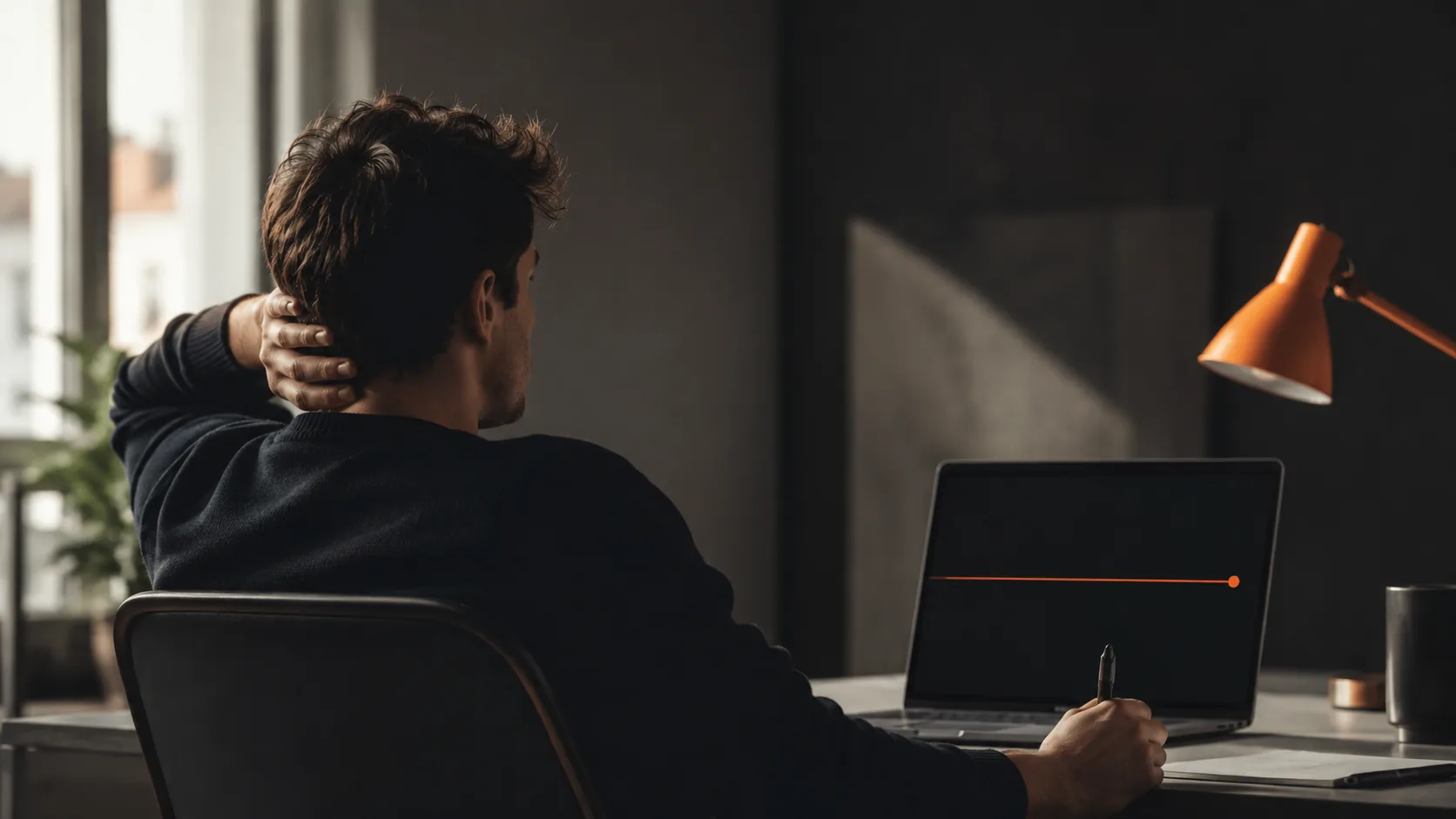 A creator troubleshooting low traffic and engagement issues, sitting at a desk with analytics displayed on screen