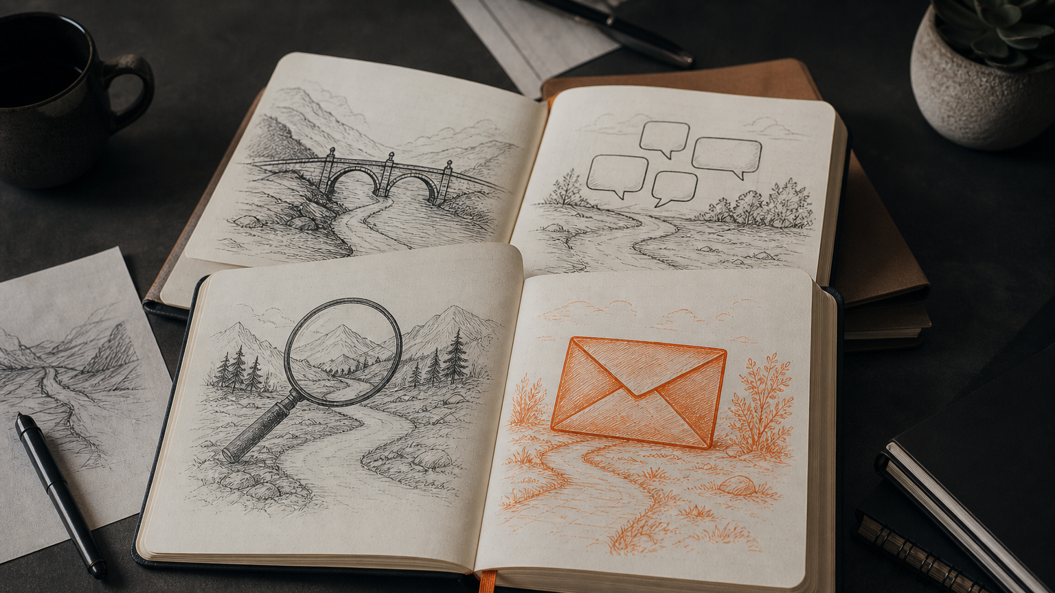 Multiple notebooks representing different traffic channels like SEO, paid ads, email, and social media, illustrating how each delivers visitors through distinct mechanisms.