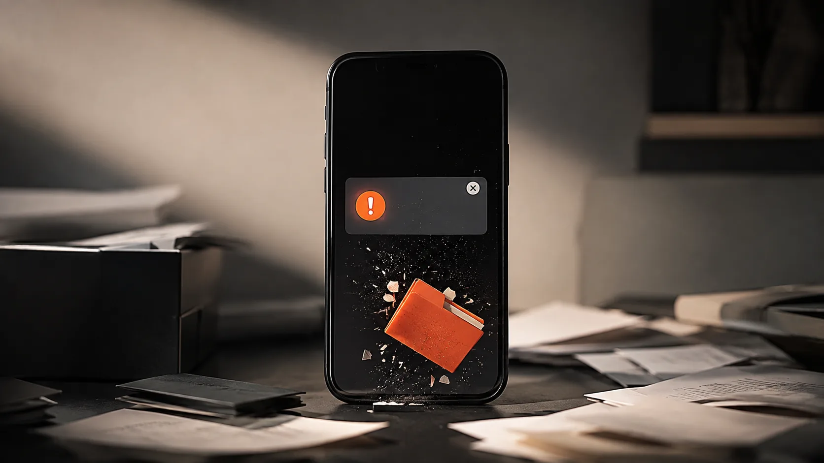 A representation of platform risk and data vulnerability, showing a phone with a notification and scattered files symbolizing what can be lost