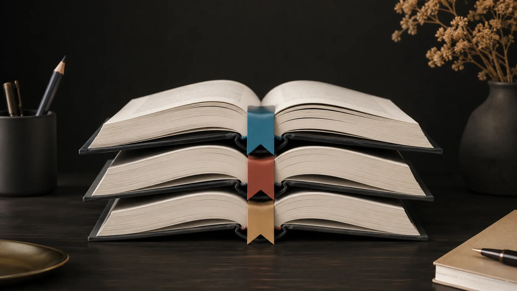 Three open books stacked on a writer's desk, each marked to represent Act One, Act Two, and Act Three, illustrating the different lengths and roles of each act.