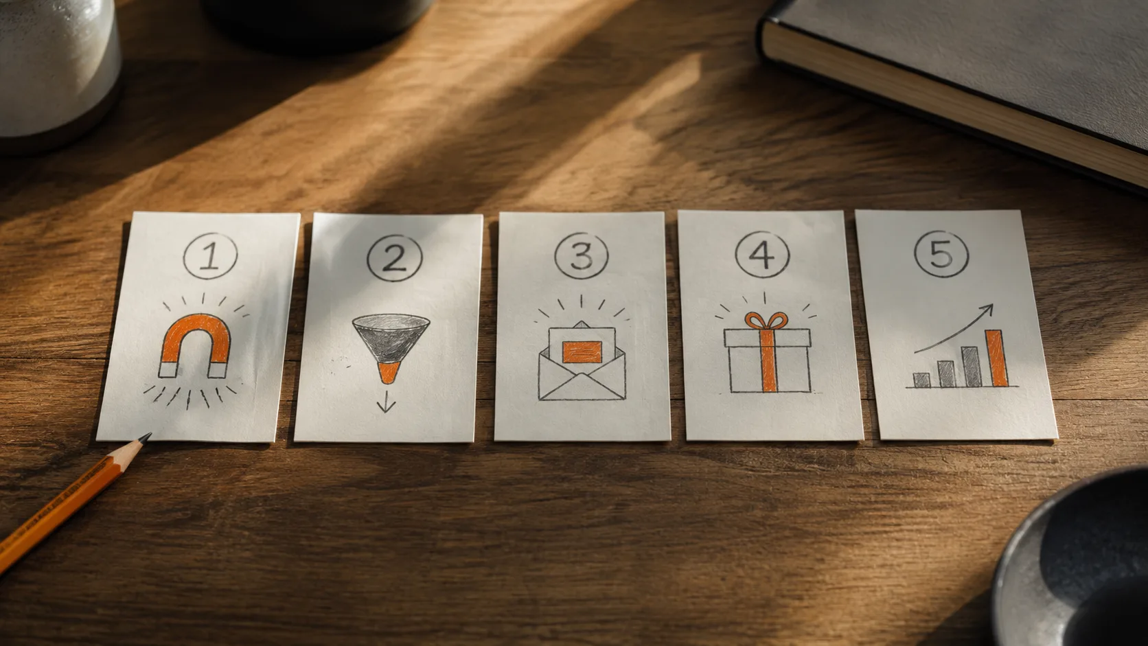 A step-by-step roadmap shown as five index cards laid out in order, representing the foundational stages of building a passive income stream
