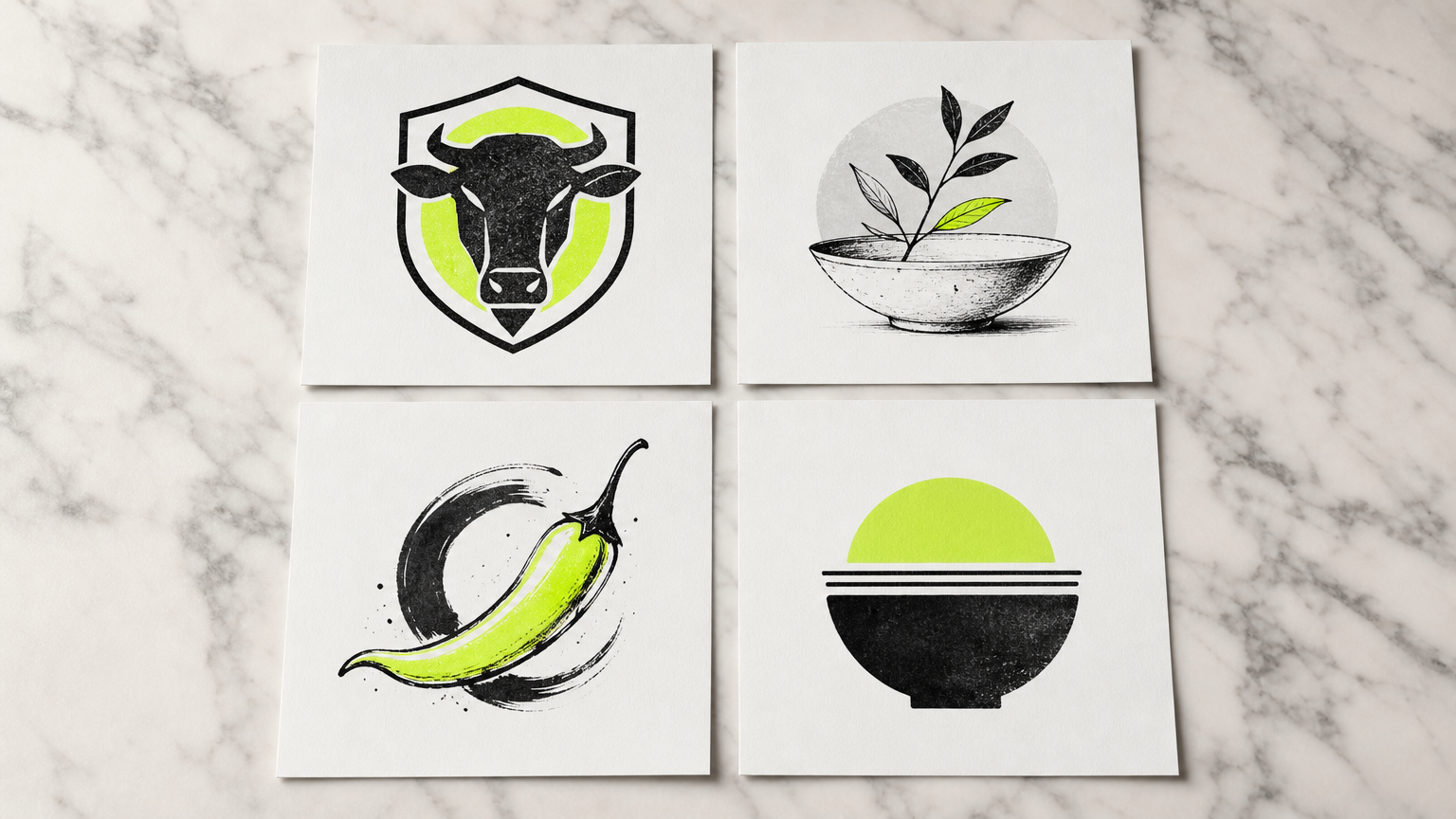 Restaurant logo examples representing different cuisine categories, showing how visual style adapts to concept context from steakhouse to matcha bar.