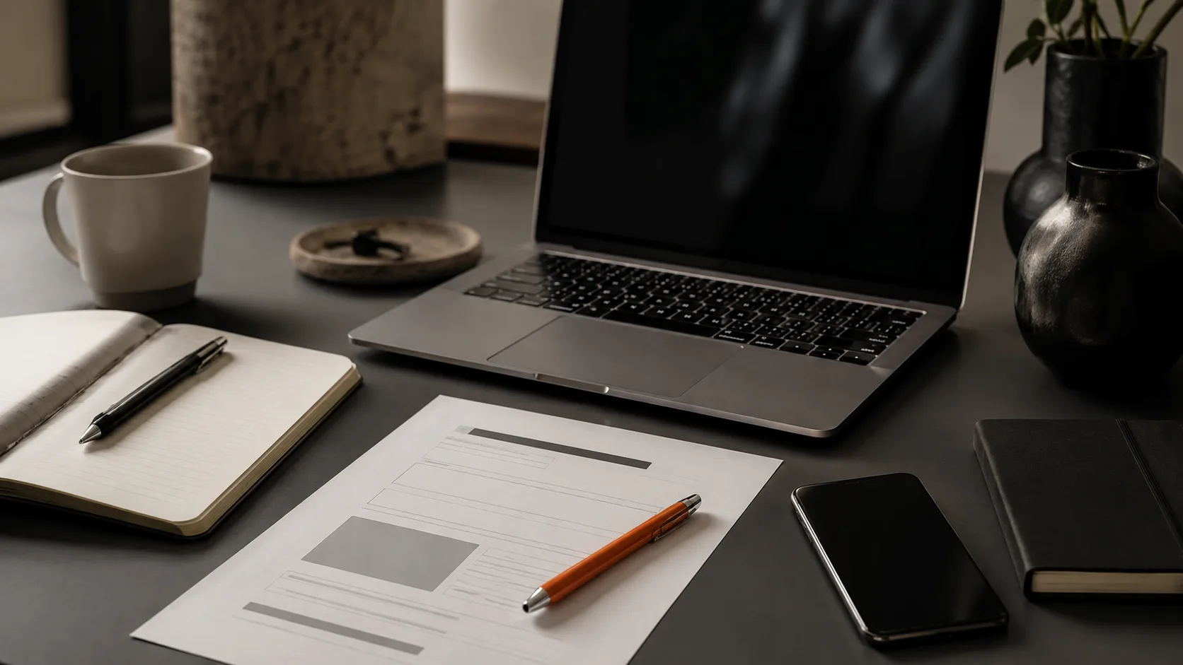 Essential affiliate marketing tools arranged on a desk: notebook, laptop, domain registration, email platform, and smartphone