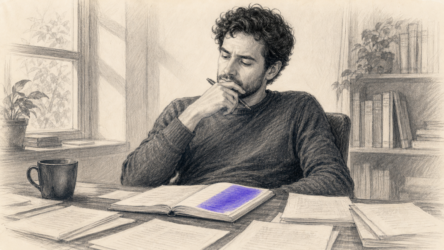 A writer pausing during the planning phase, surrounded by outlines and draft pages, illustrating the importance of settling POV before drafting.