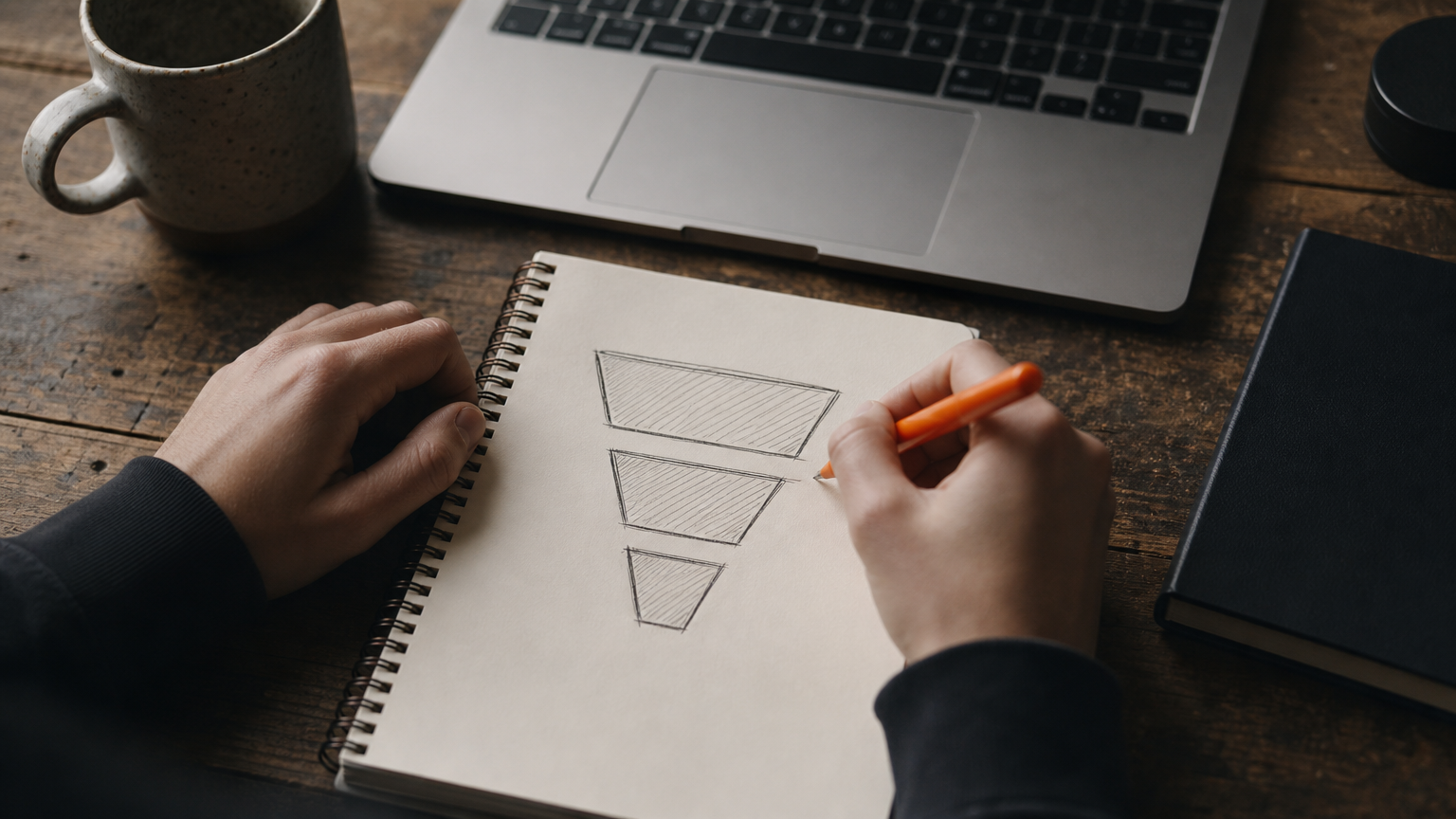 A person sketching a simple funnel diagram on paper at their workspace, showing how easy it is to begin building an affiliate funnel without complex tools