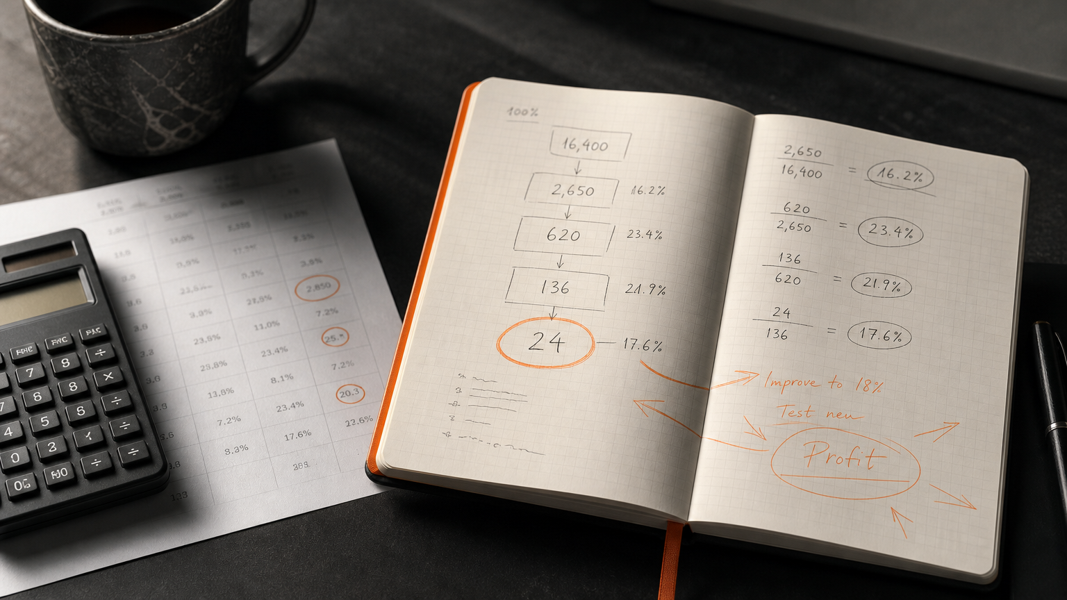Analytical notes and conversion metrics written in a notebook, showing the data-driven approach to funnel optimization and leak-finding.