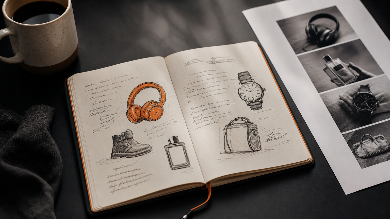 A handwritten notebook with product categories and monetization notes, coffee cup nearby, showing research into high-converting affiliate niches.