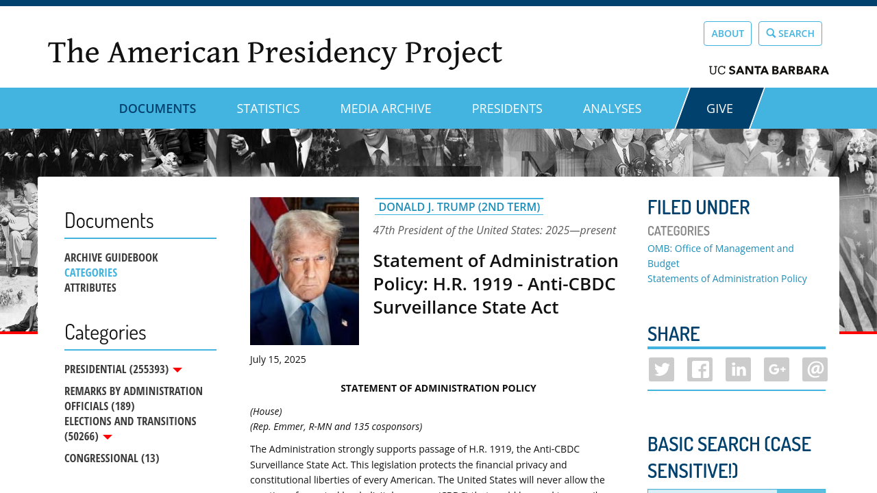 Official administration policy statement on H.R. 1919 displayed on the UCSB presidency archives website.