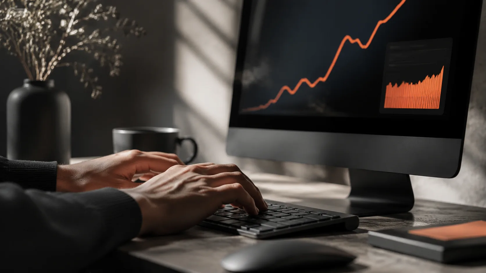A content creator building their affiliate system with hands on keyboard and real-time email subscriber and analytics metrics displayed