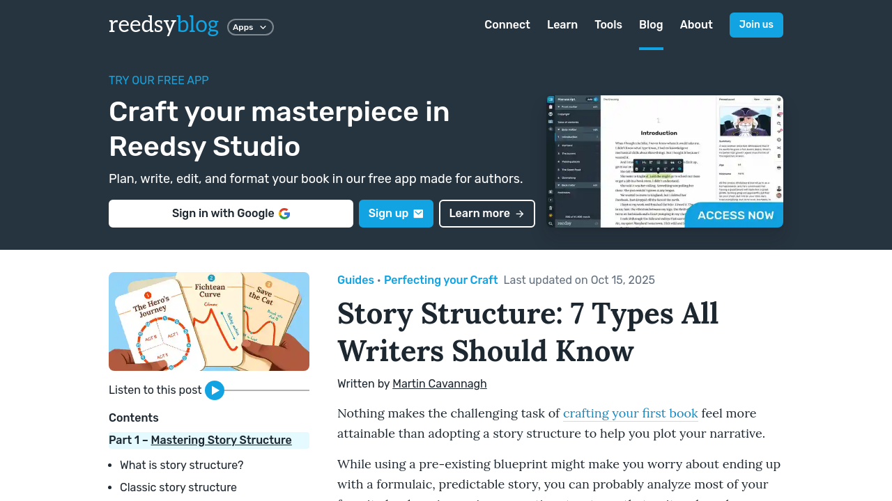 Reedsy's guide to story structure on screen, showing resources for matching narrative frameworks to your story type.