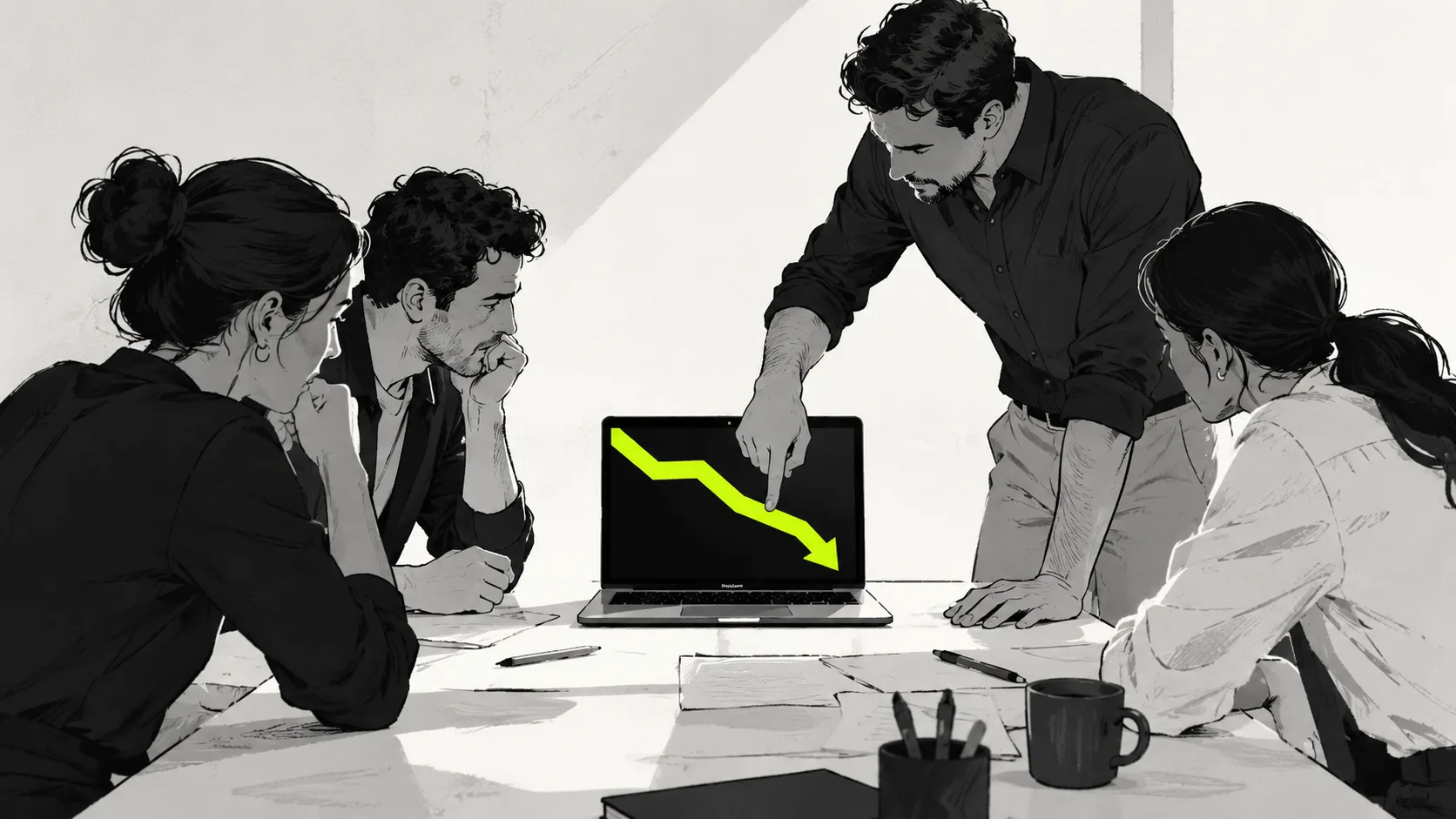 Team reviewing underperforming launch metrics and market feedback during post-release analysis