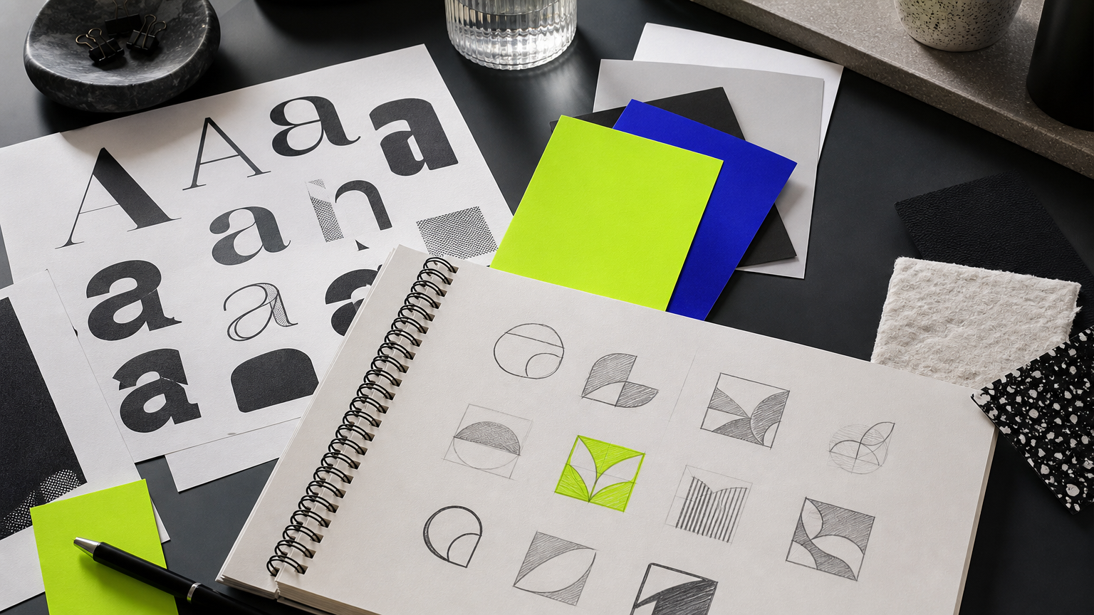 Designer's workspace showing font samples, color swatches, and brand sketches for an Italian restaurant identity system.