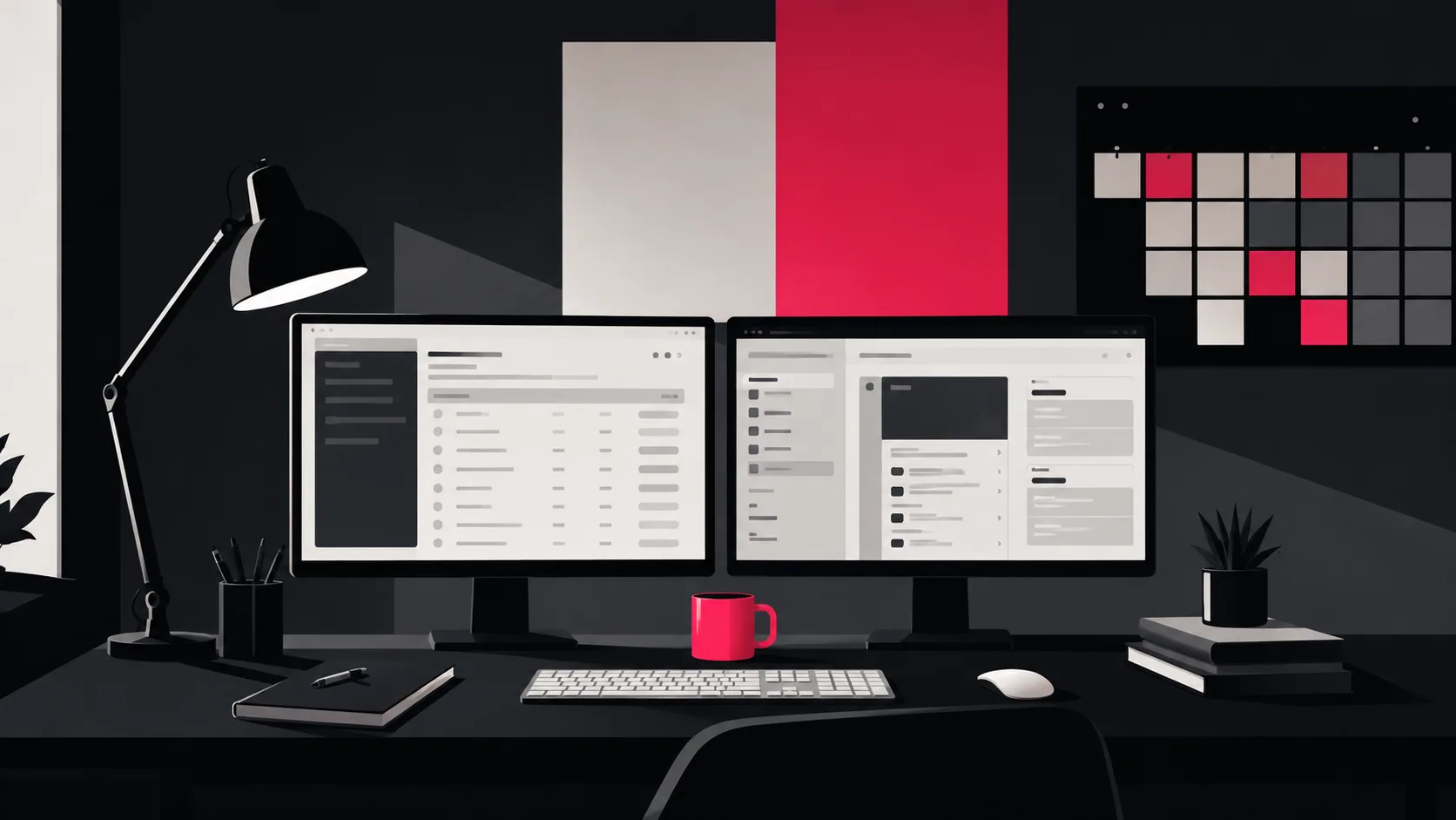 A financial content marketer's desk setup with keyword research tools, CMS, and compliance calendar visible on screens and wall.