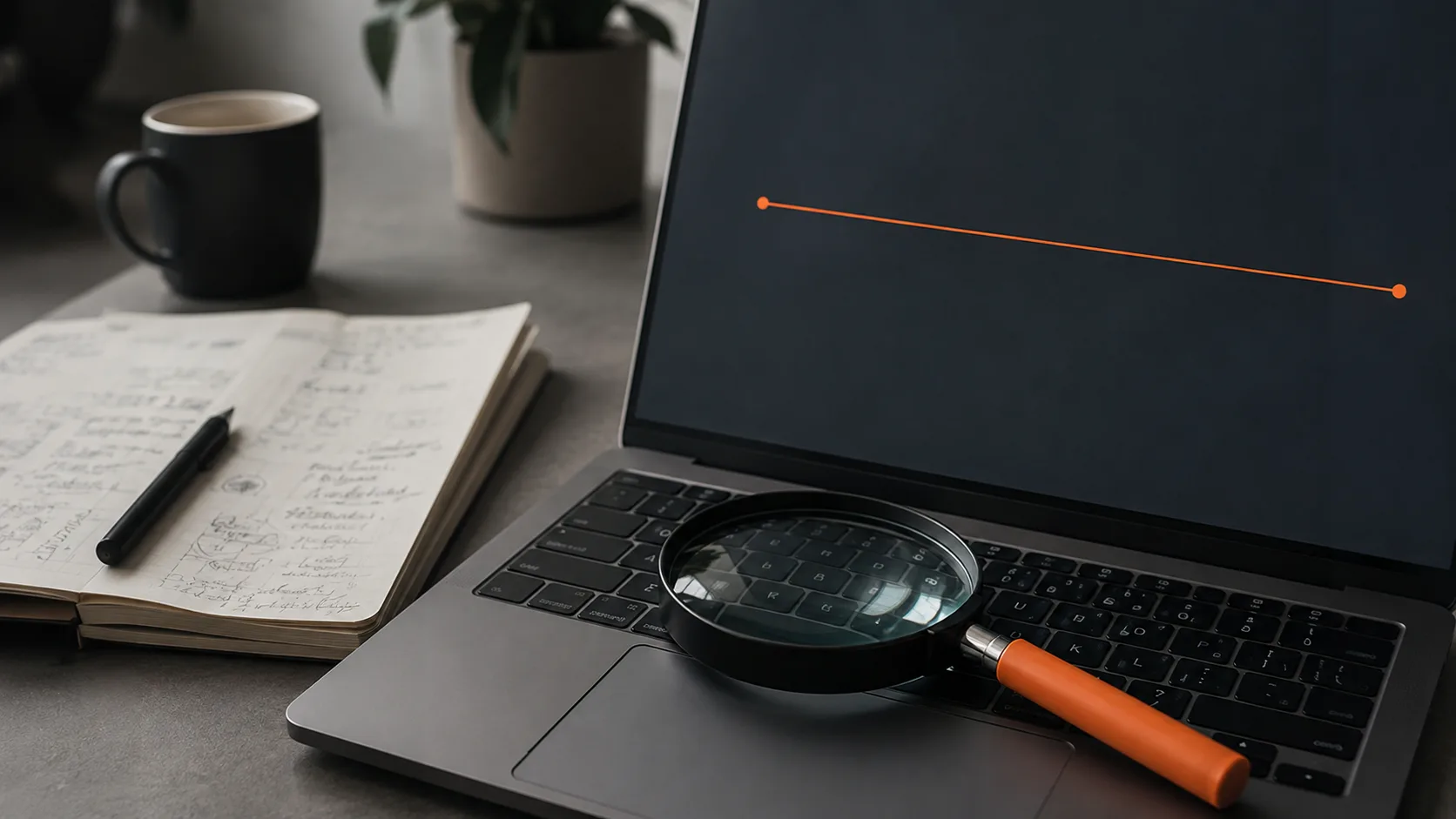 A troubleshooting workspace with flat revenue chart, diagnostic notes, and magnifying glass representing diagnosis of stalled affiliate income growth