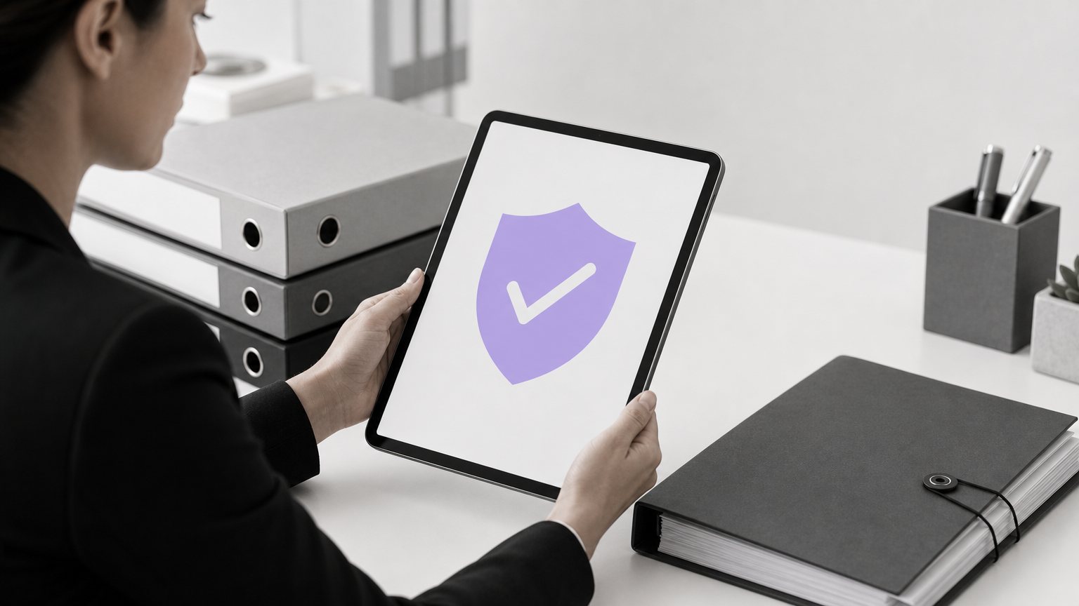 Illustration of a compliance tablet and audit materials representing anti-money laundering and sanctions verification requirements under the GENIUS Act.